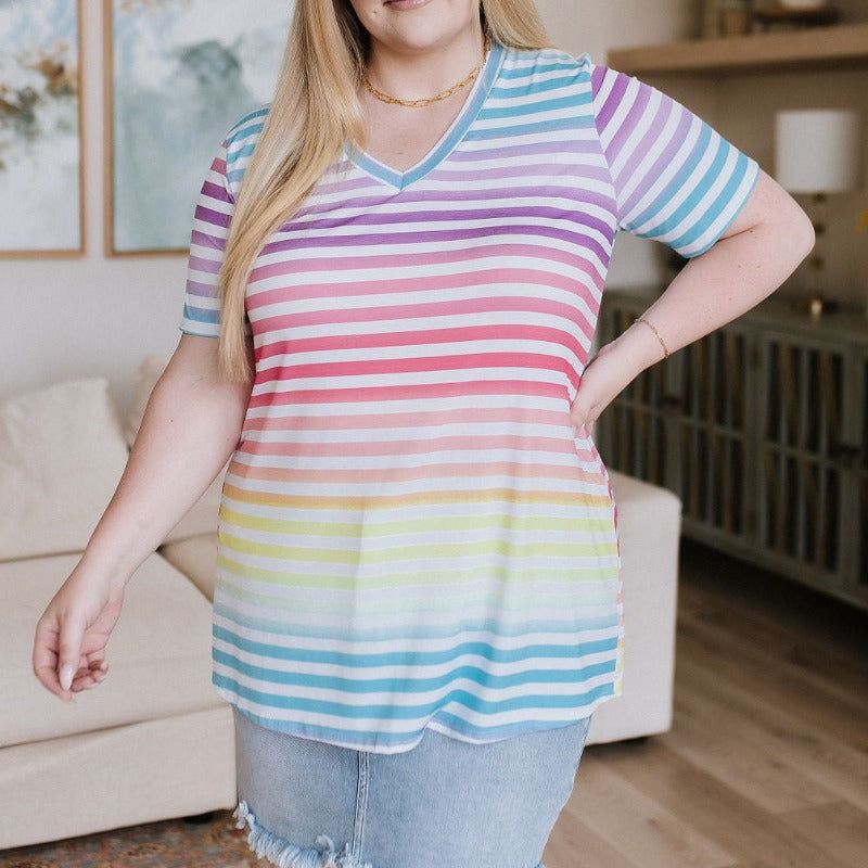 Looking for Rainbows V-Neck Striped Short Sleeve Top sold by Boujee Boutique product image thumbnail 2