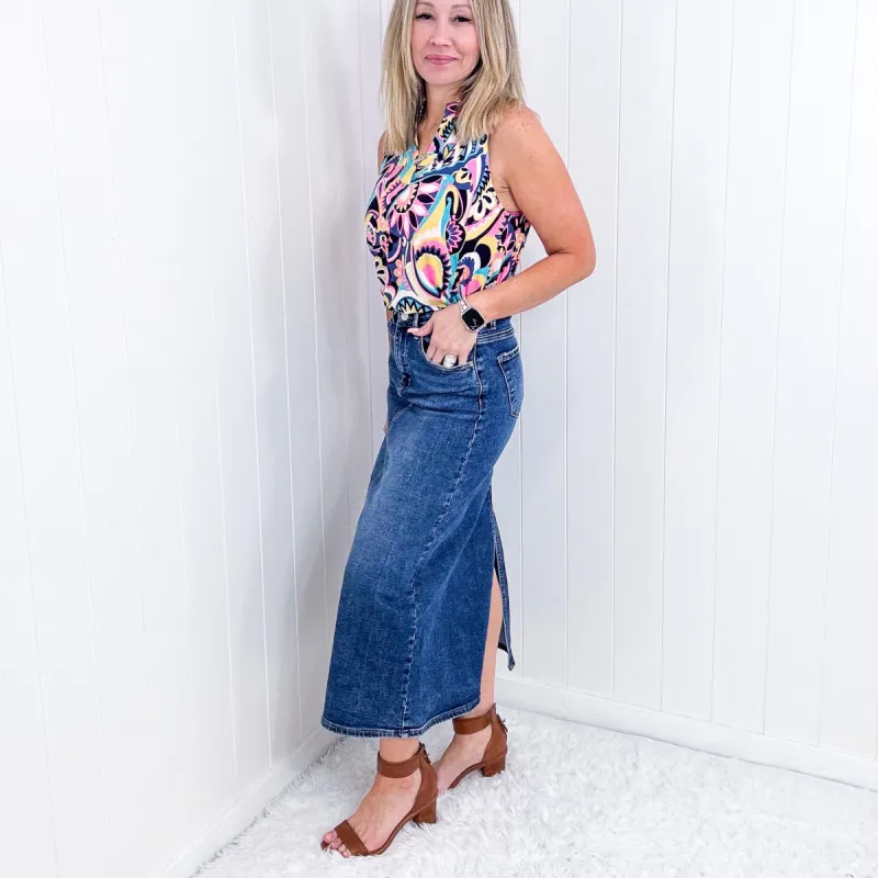 RISEN High Waist Back Slit Denim Skirt sold by Boujee Boutique