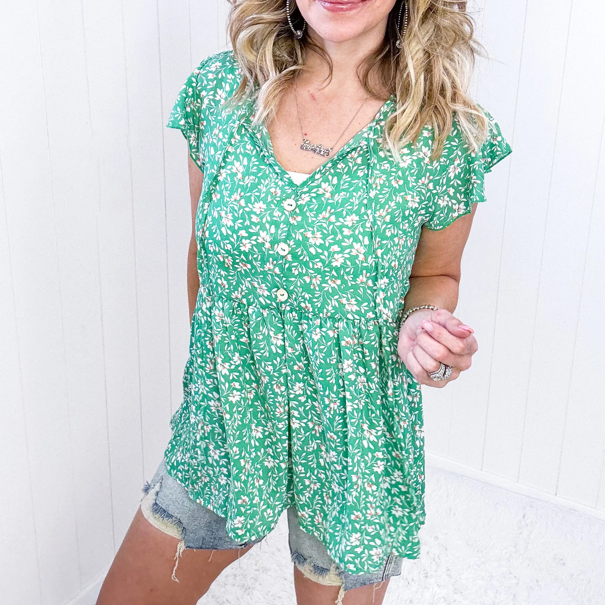 Flirty and Thriving Floral Flutter Sleeve Top in Green sold by Boujee Boutique product image thumbnail 4