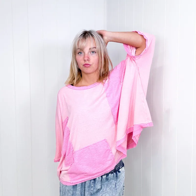 Pol Candy Pink Frayed Edge Patchwork Oversized Top sold by Boujee Boutique