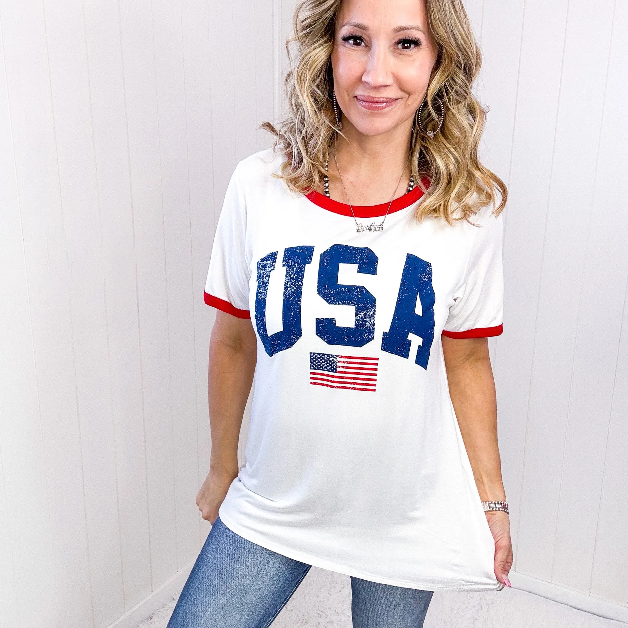USA Contrast Trim Short Sleeve T-Shirt sold by Boujee Boutique