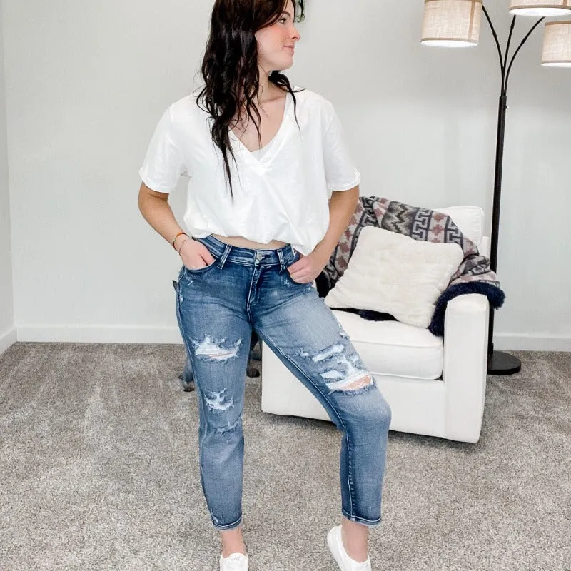 Judy Blue Stephanie High Waist Distressed Boyfriend Jeans sold by Boujee Boutique product image thumbnail 3
