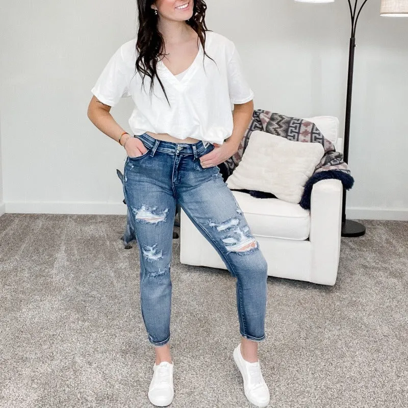Judy Blue Stephanie High Waist Distressed Boyfriend Jeans sold by Boujee Boutique product image thumbnail 2