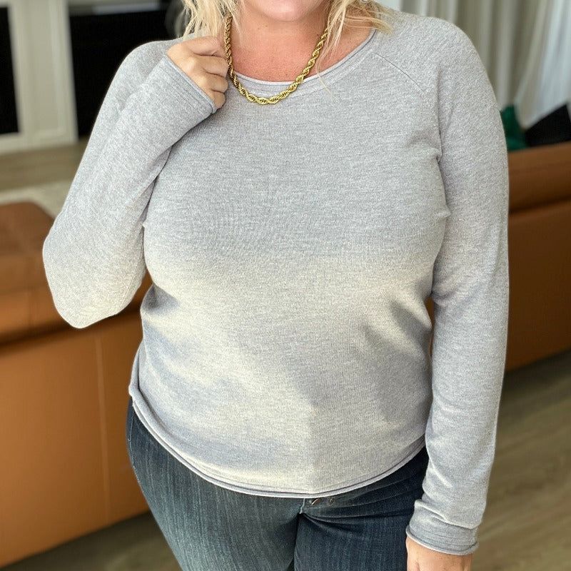 Heather Grey Round Neck Rolled Hem Sweater sold by Boujee Boutique