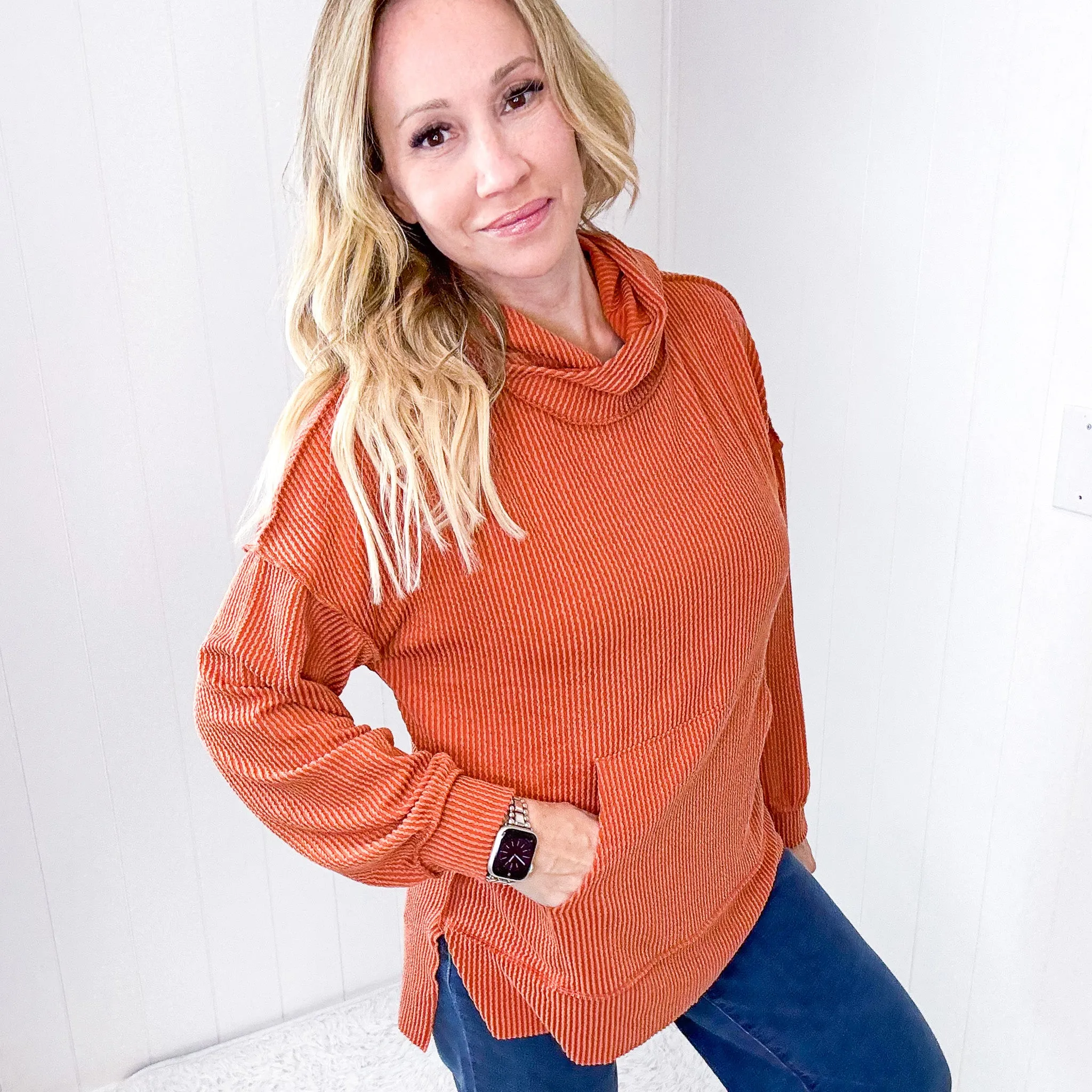 Cozy Days Rust Mineral Wash Rib Knit Long Sleeve Hoodie sold by Boujee Boutique product image thumbnail 4