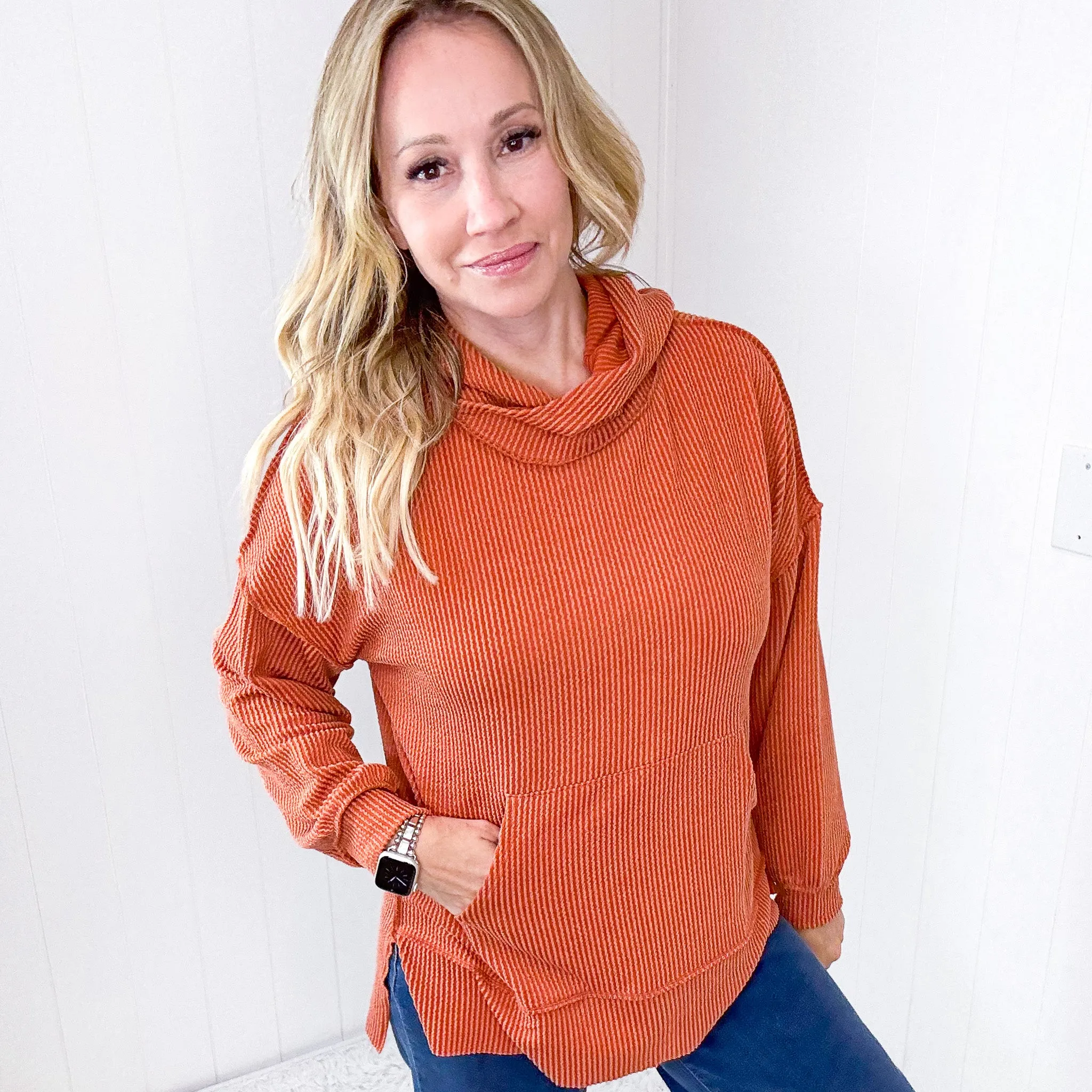 Cozy Days Rust Mineral Wash Rib Knit Long Sleeve Hoodie sold by Boujee Boutique product image thumbnail 3