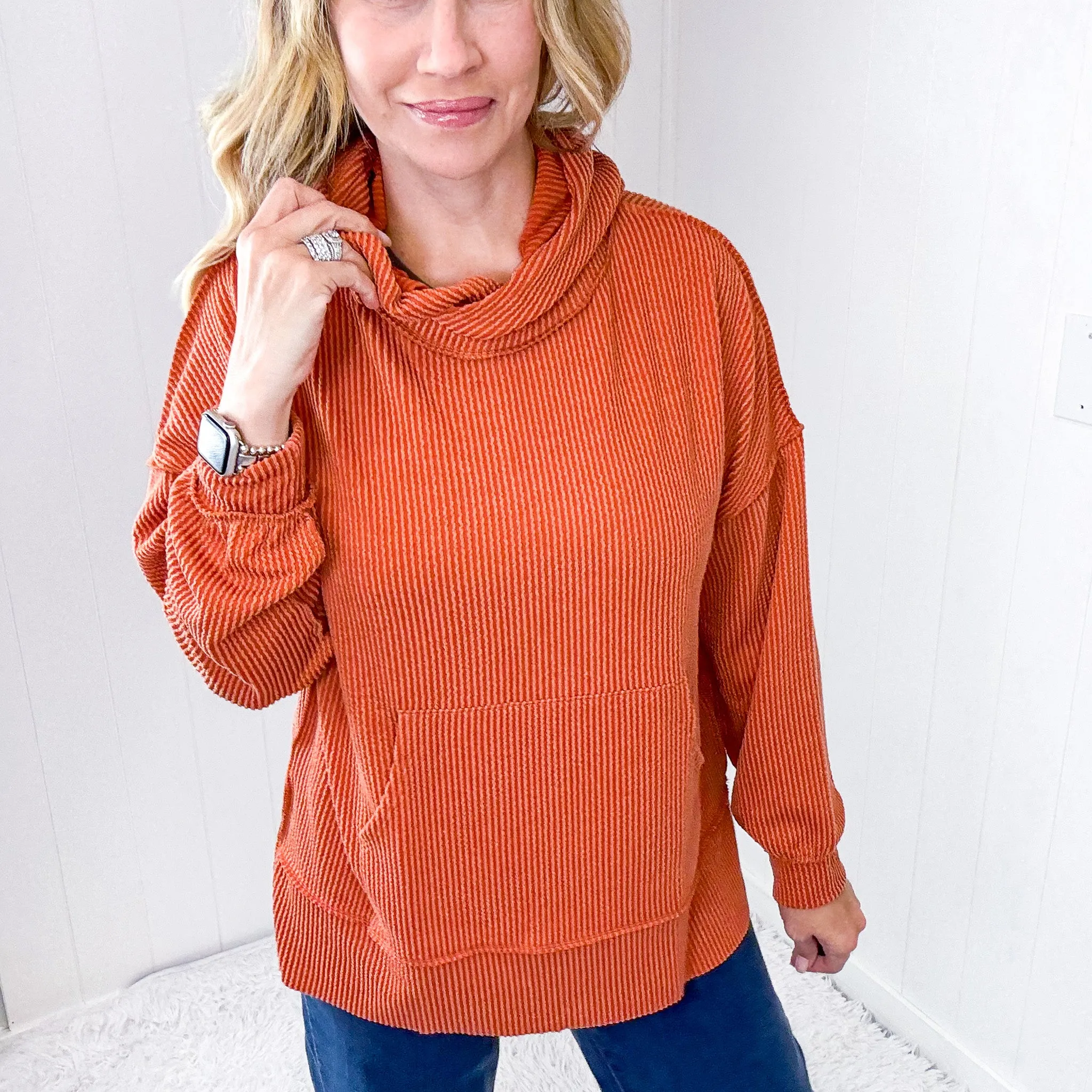 Cozy Days Rust Mineral Wash Rib Knit Long Sleeve Hoodie sold by Boujee Boutique product image thumbnail 5