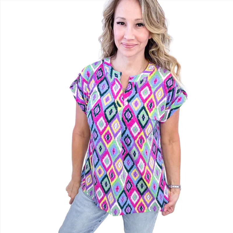 Dear Scarlett Lizzy Cap Sleeve Top in Lavender Ikat sold by Boujee Boutique