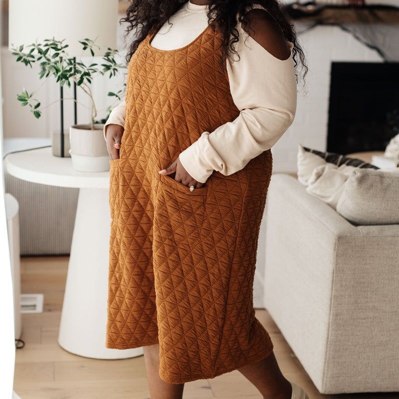 Rust Quilted Midi Dress with Pockets sold by Boujee Boutique