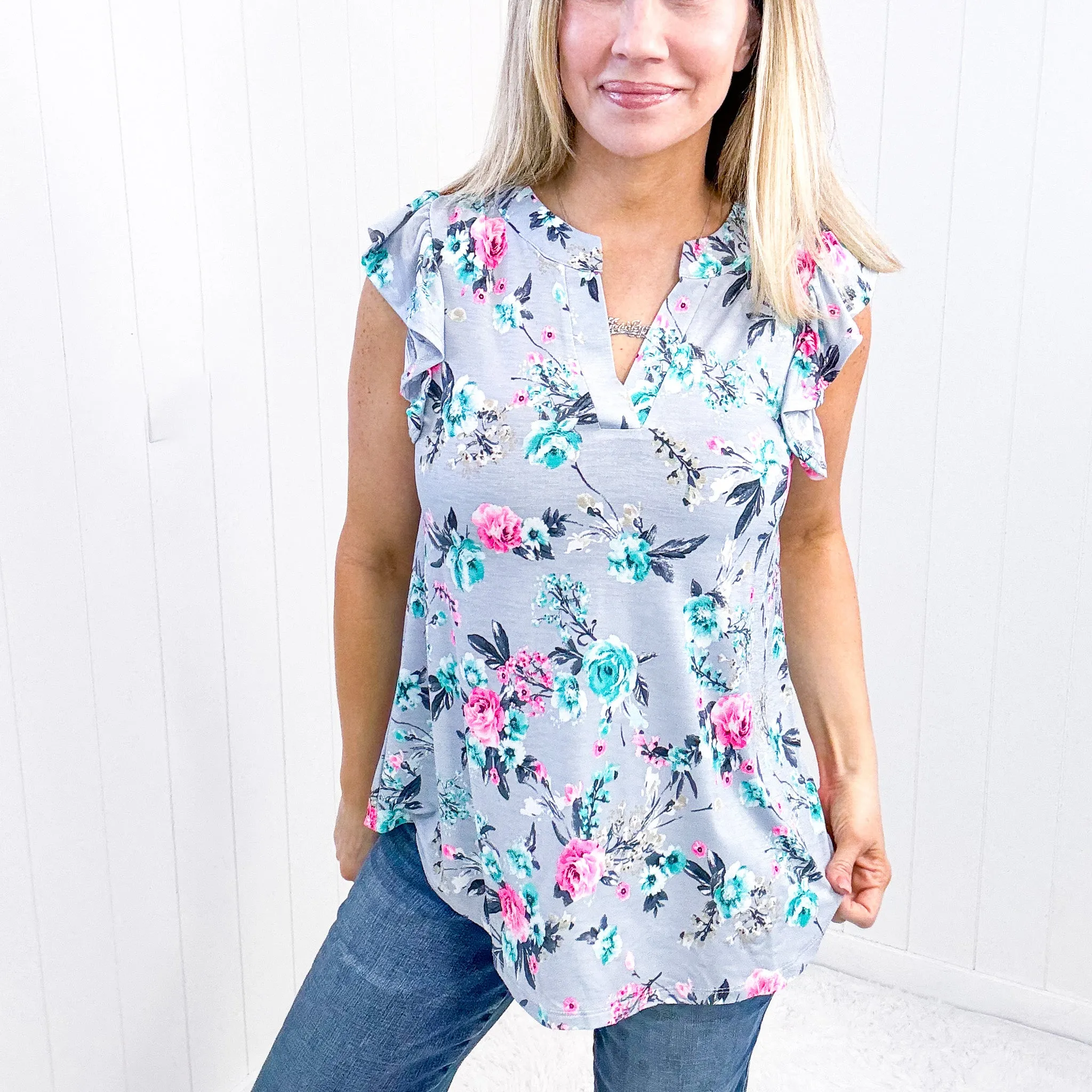 Dear Scarlett Lizzy Flutter Sleeve Top in Grey and Mint Floral sold by Boujee Boutique product image thumbnail 4