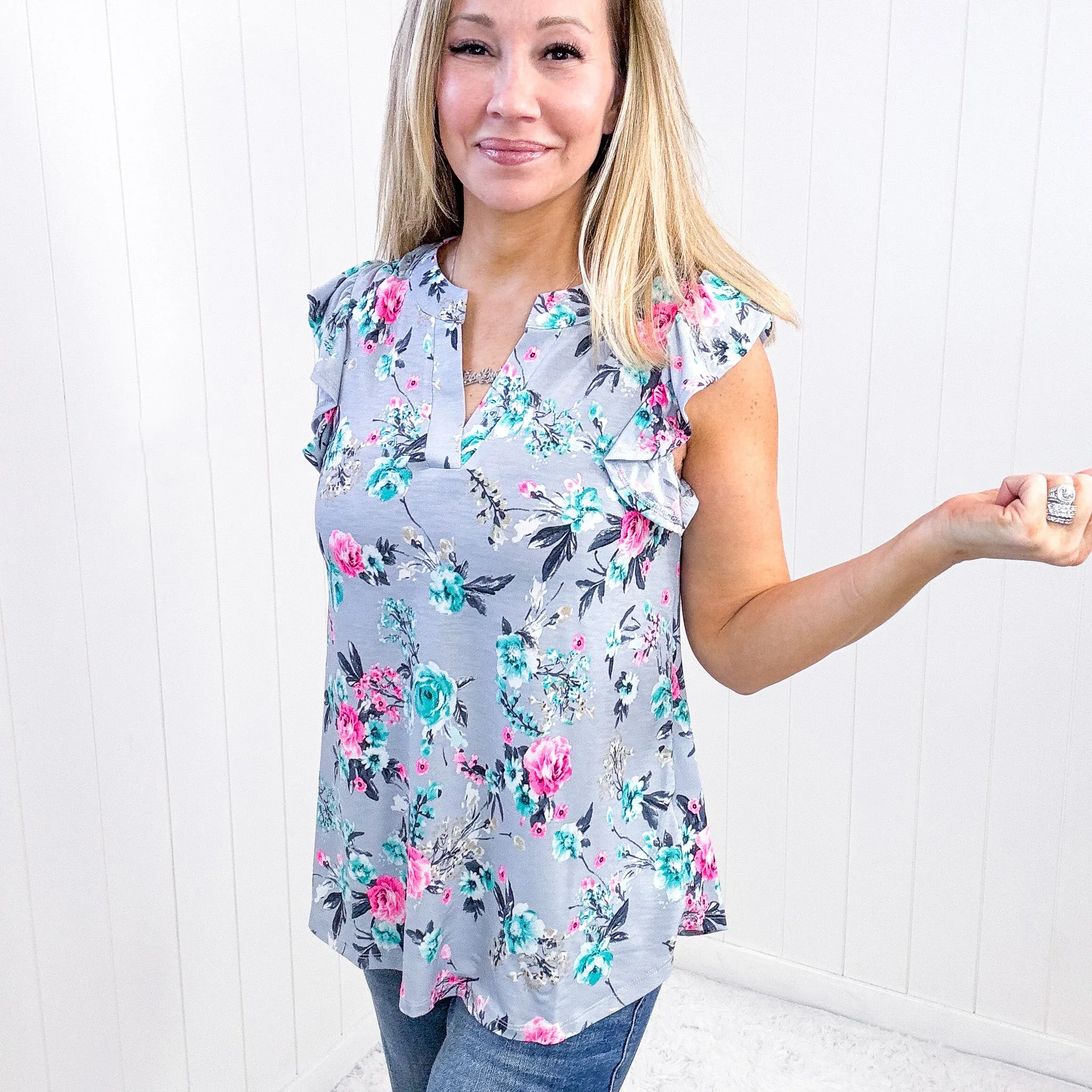 Dear Scarlett Lizzy Flutter Sleeve Top in Grey and Mint Floral sold by Boujee Boutique product image thumbnail 5
