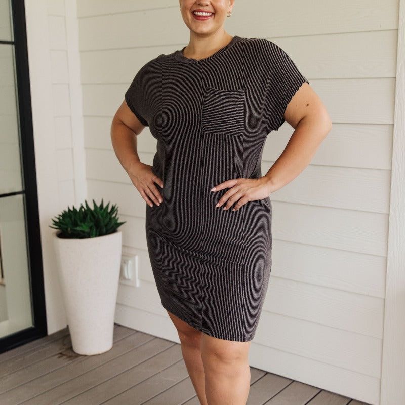 Everyday Favorite Ribbed Knit Tee Dress in Black sold by Boujee Boutique