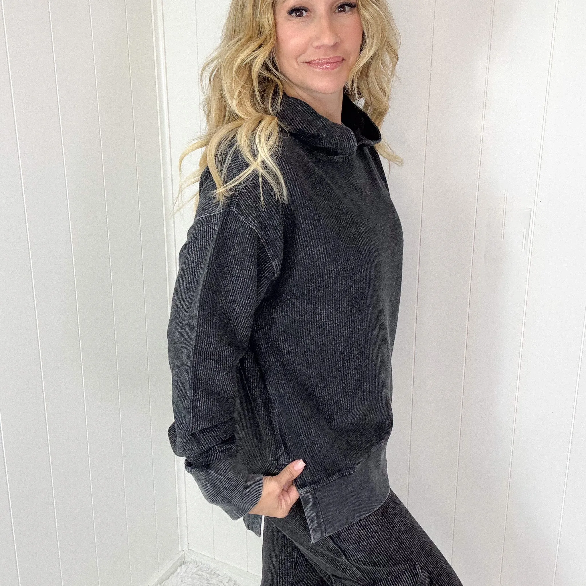 Luxe Snow Washed Corded Long Sleeve Hoody in 2 Colors sold by Boujee Boutique product image thumbnail 3