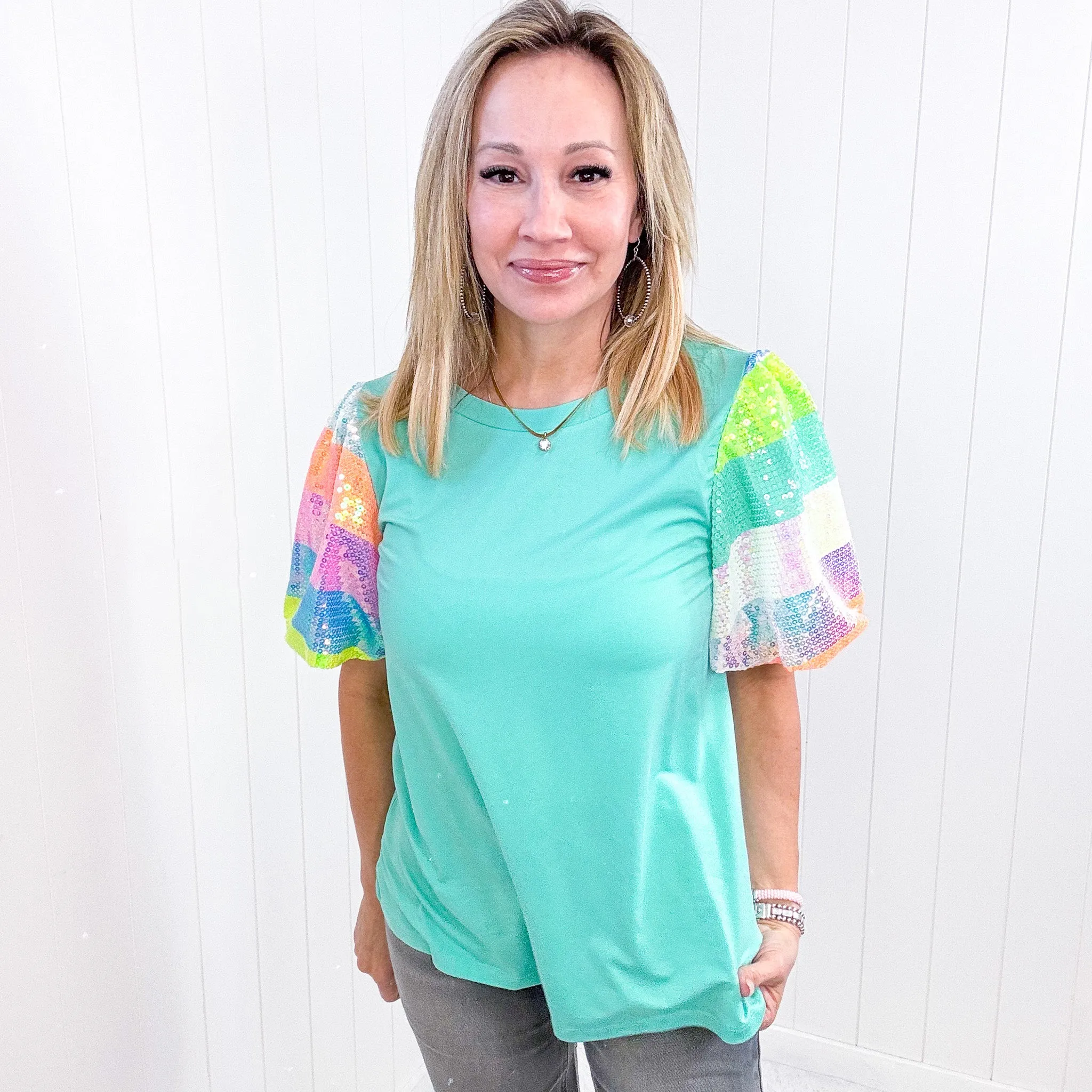 Mint with Rainbow Sequin Puff Short Sleeve Top sold by Boujee Boutique product image thumbnail 2