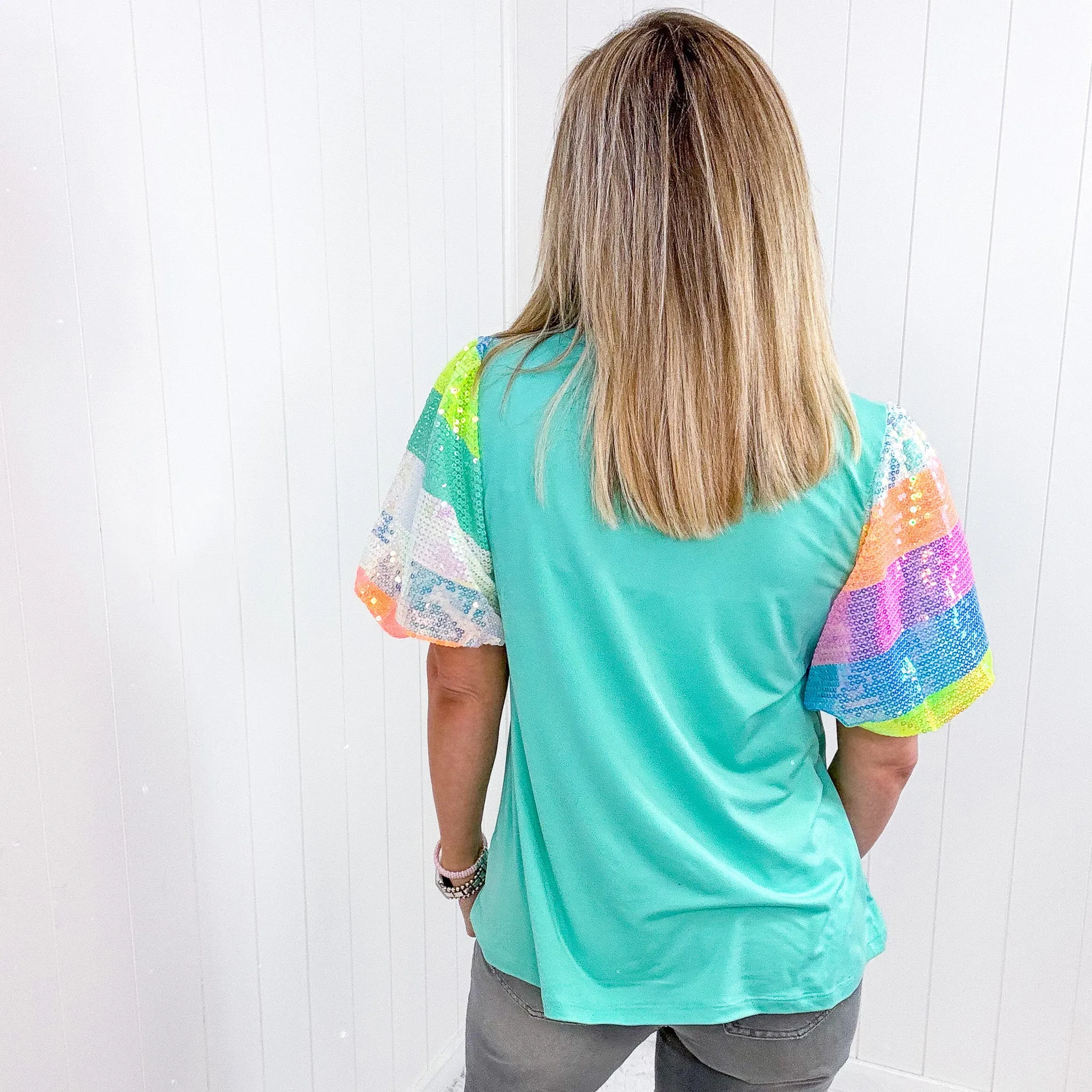 Mint with Rainbow Sequin Puff Short Sleeve Top sold by Boujee Boutique product image thumbnail 3