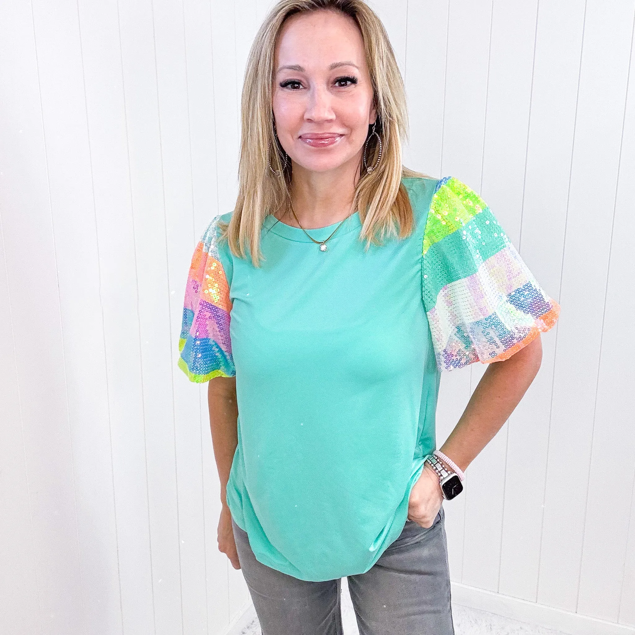 Mint with Rainbow Sequin Puff Short Sleeve Top sold by Boujee Boutique