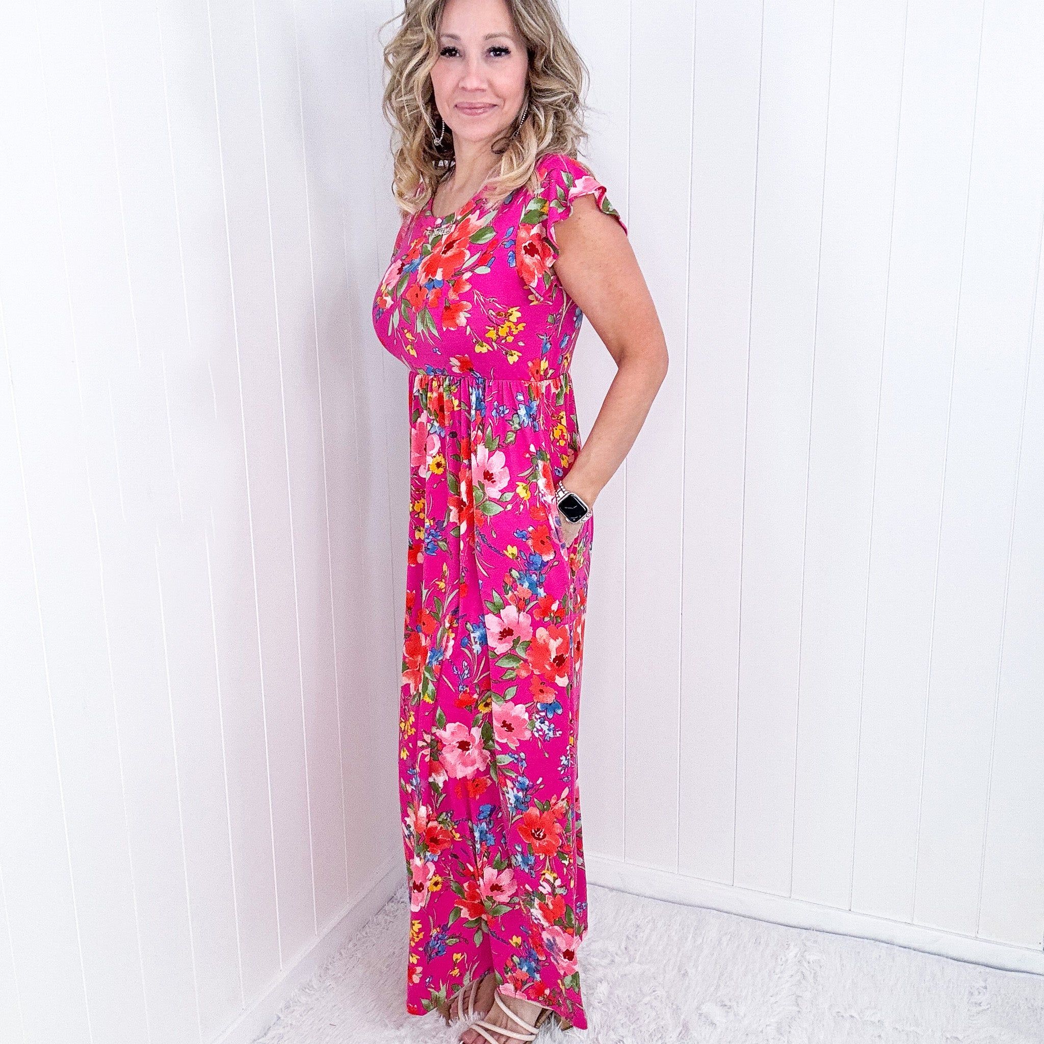 Fuchsia Floral Fit and Flare Maxi Dress sold by Boujee Boutique product image thumbnail 2