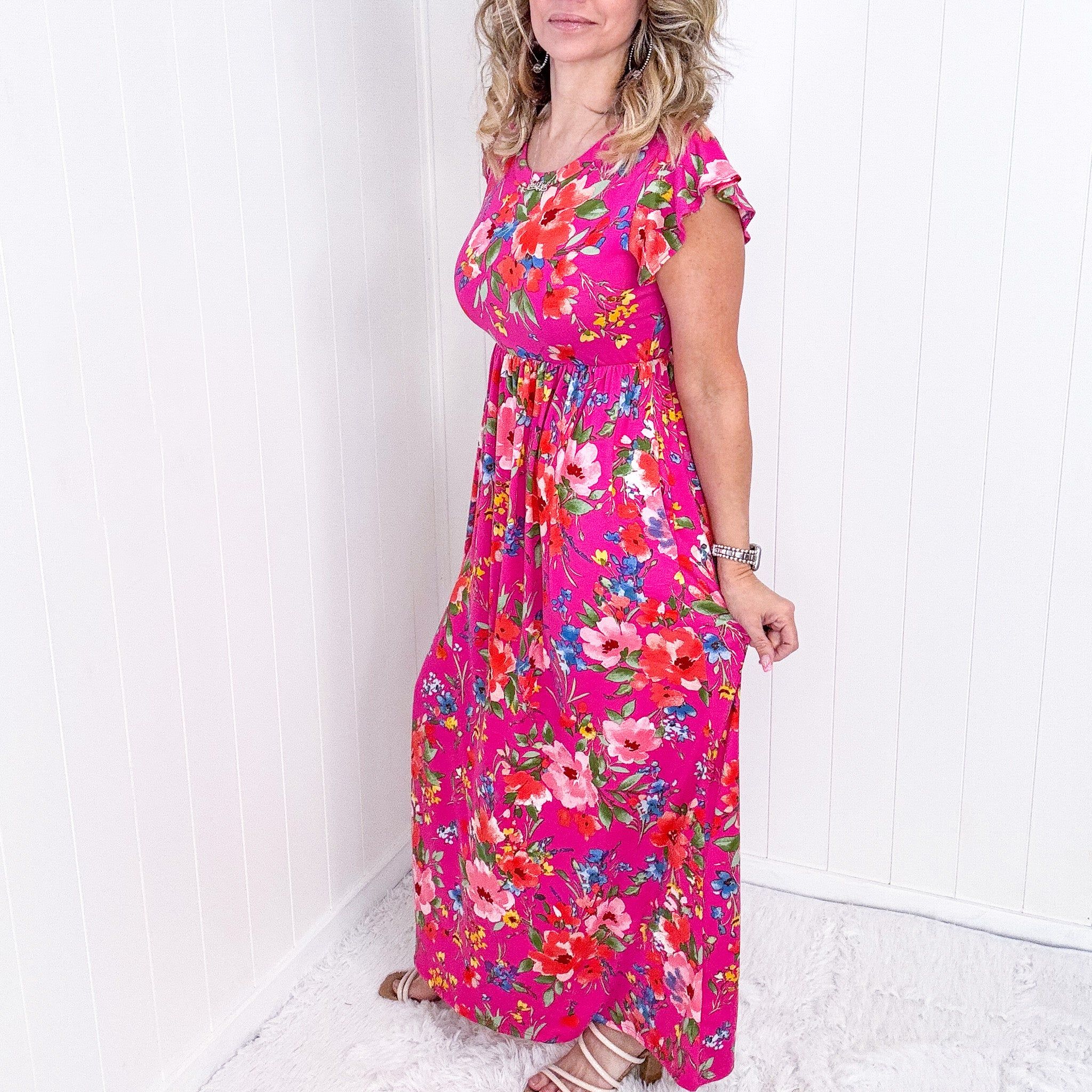 Fuchsia Floral Fit and Flare Maxi Dress sold by Boujee Boutique product image thumbnail 5