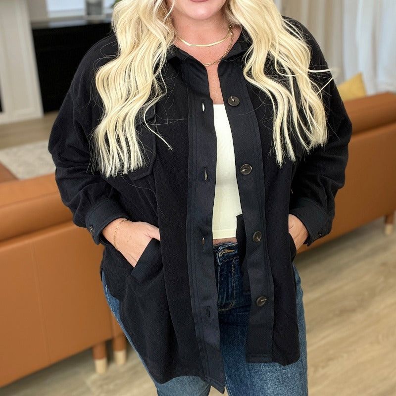 Oversized Basic Fleece Shacket in Black sold by Boujee Boutique