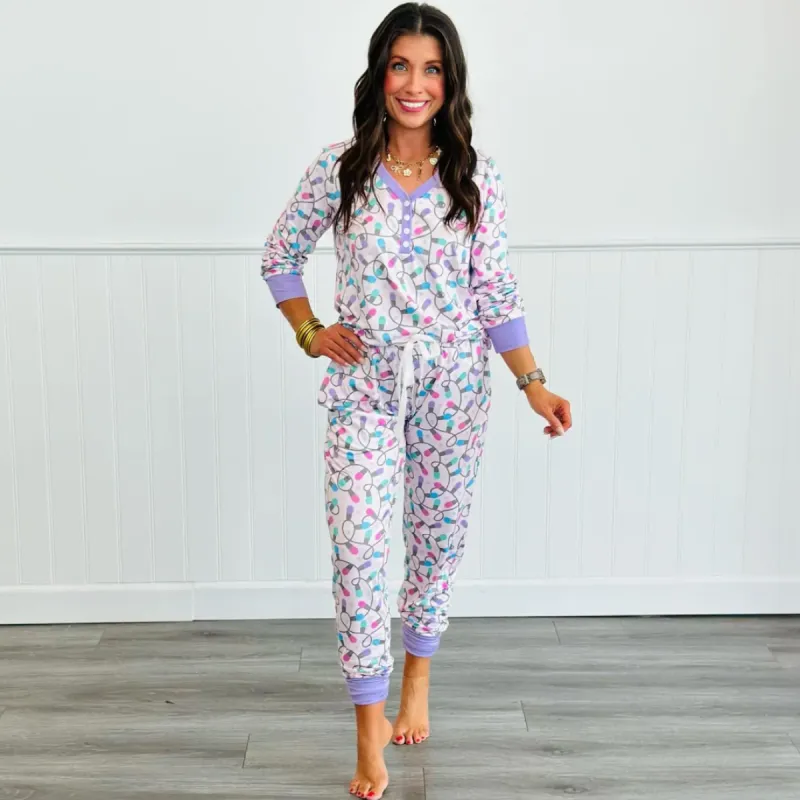 Pre-Order Christmas Lights Long Sleeve Jogger Pajama Set sold by Boujee Boutique