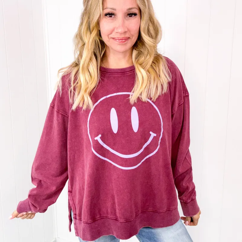 Be Happy Mineral Washed Terry Knit Pullover Long Sleeve Top in 5 Colors made by easel