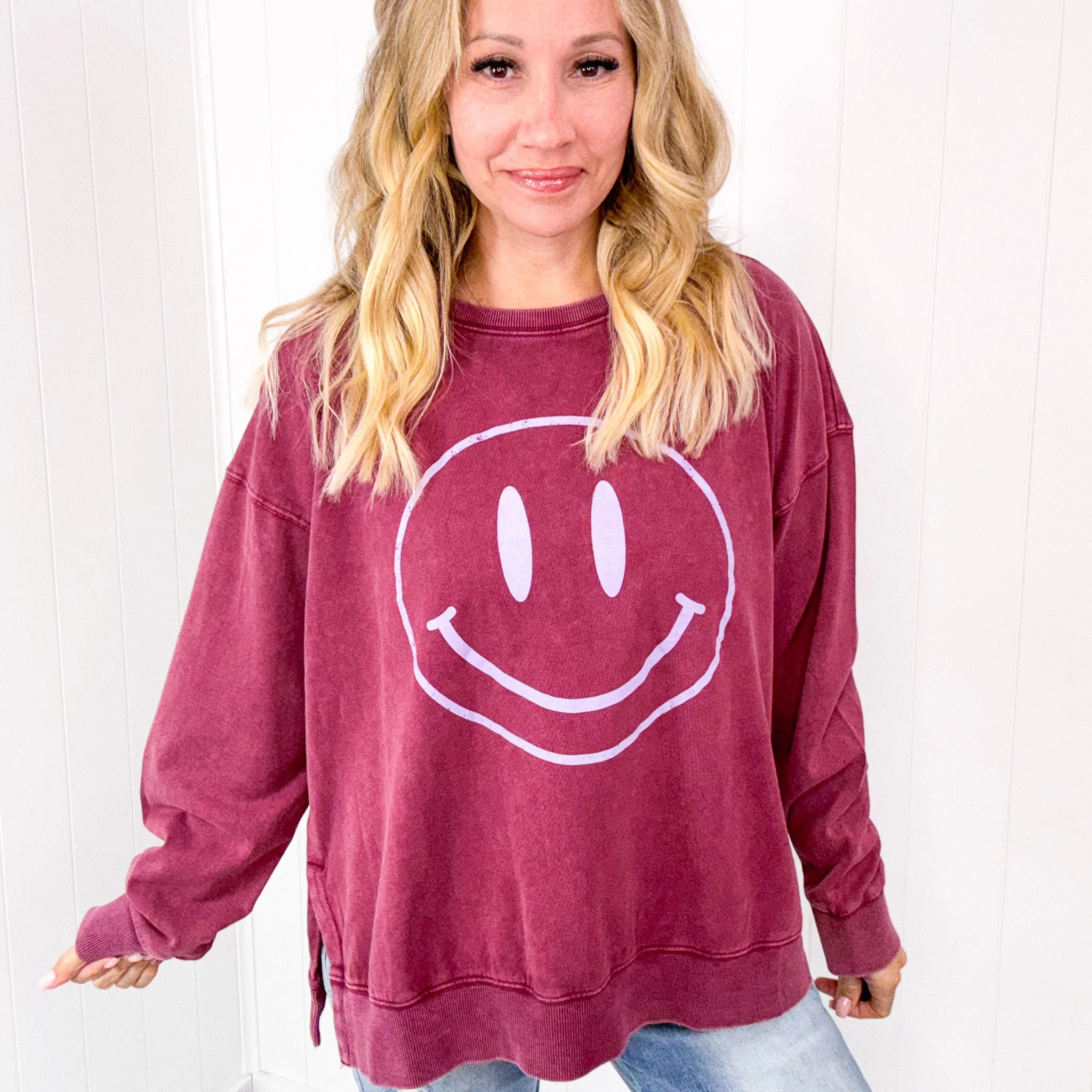 Be Happy Mineral Washed Terry Knit Pullover Long Sleeve Top in 5 Colors sold by Boujee Boutique