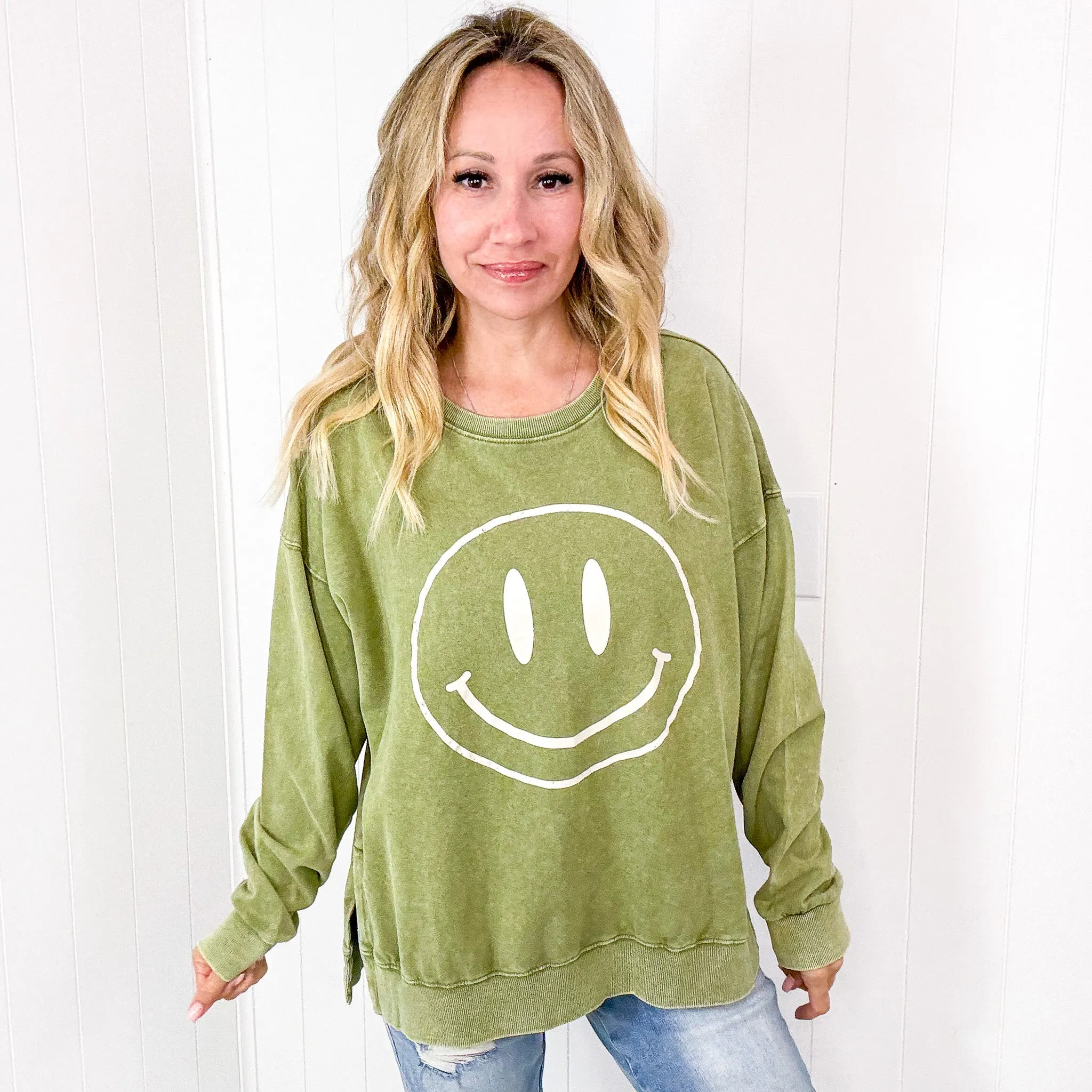 Be Happy Mineral Washed Terry Knit Pullover Long Sleeve Top in 5 Colors sold by Boujee Boutique product image thumbnail 2