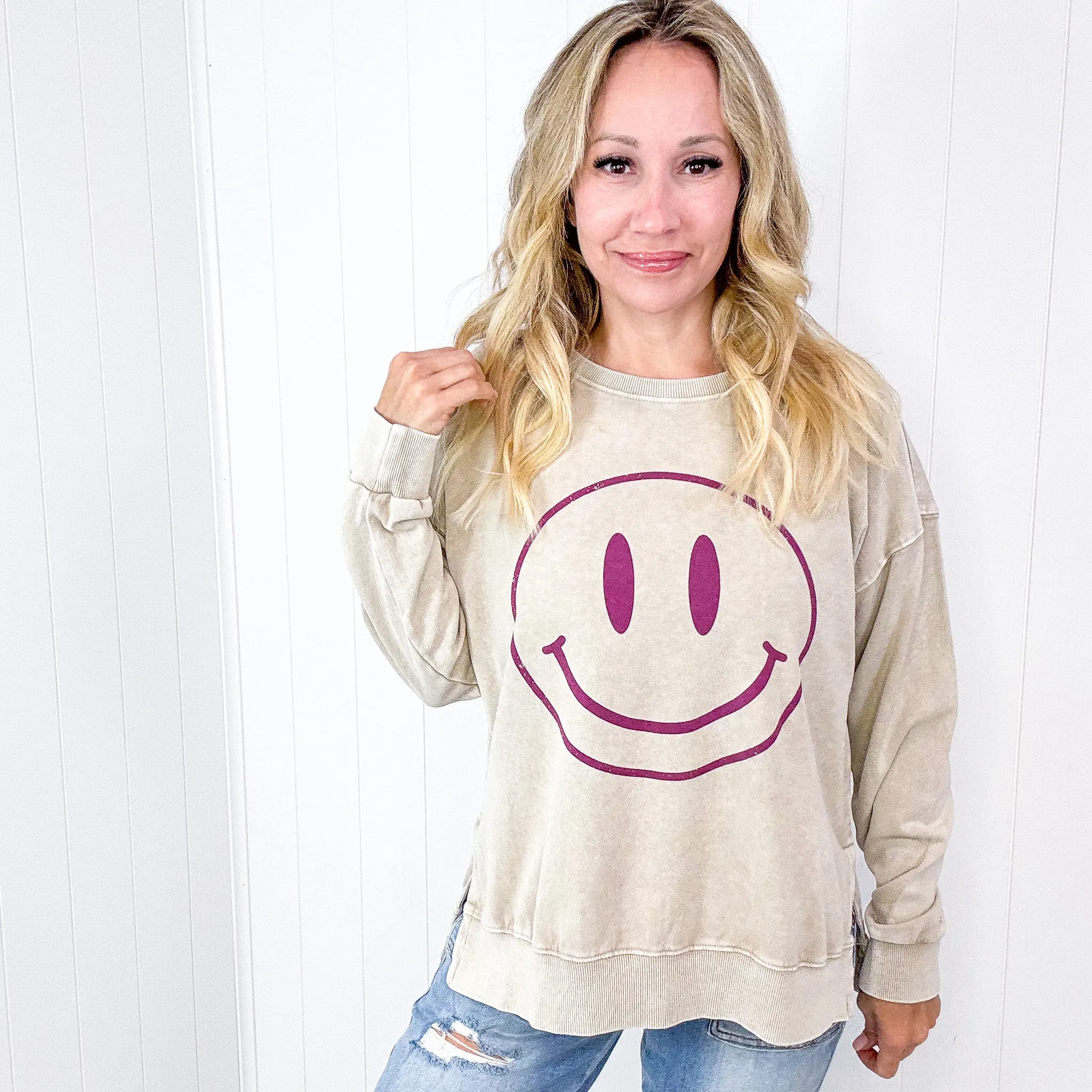 Be Happy Mineral Washed Terry Knit Pullover Long Sleeve Top in 5 Colors sold by Boujee Boutique product image thumbnail 4