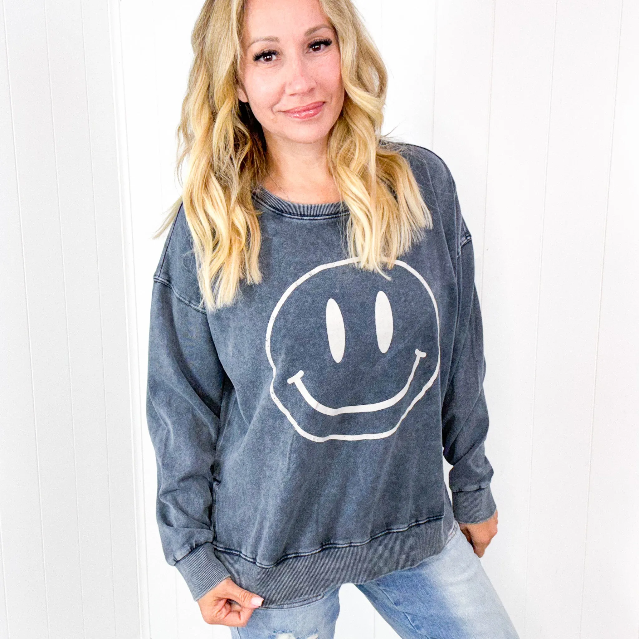 Be Happy Mineral Washed Terry Knit Pullover Long Sleeve Top in 5 Colors sold by Boujee Boutique product image thumbnail 3