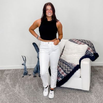 Judy Blue White High Waist Double Cuffed Boyfriend Jeans sold by Boujee Boutique