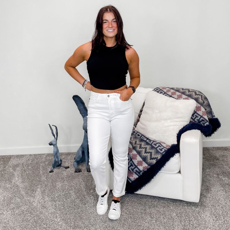 Judy Blue White High Waist Double Cuffed Boyfriend Jeans sold by Boujee Boutique