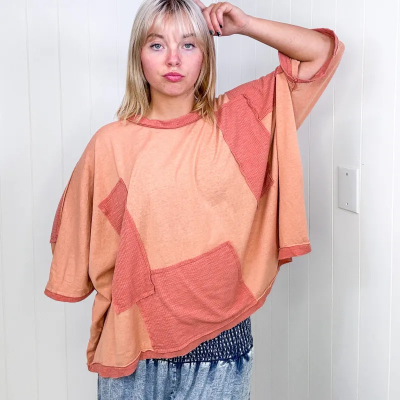 Pol Brick Frayed Edge Patchwork Oversized Top sold by Boujee Boutique