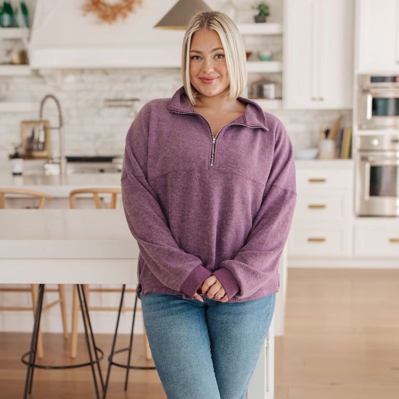 Cozy Moment Quarter Zip Pullover in Purple sold by Boujee Boutique