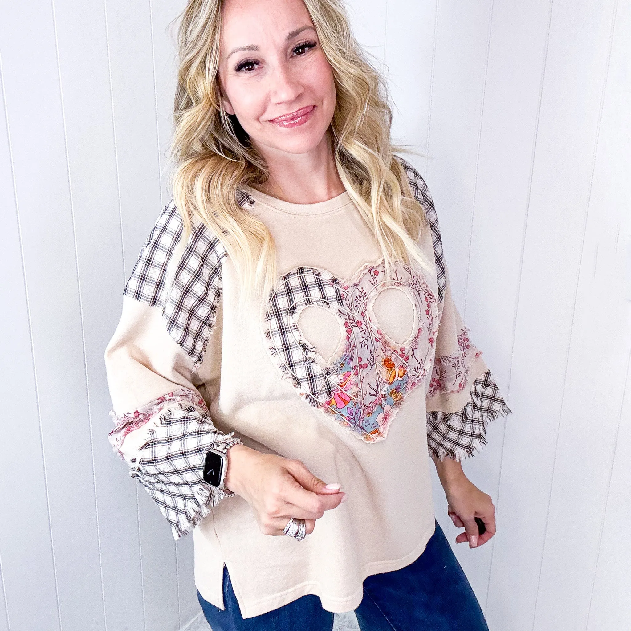 Mixed Emotions Heart Patch Terry and Knit Plaid Quarter Sleeve Pullover in 3 Options sold by Boujee Boutique product image thumbnail 5