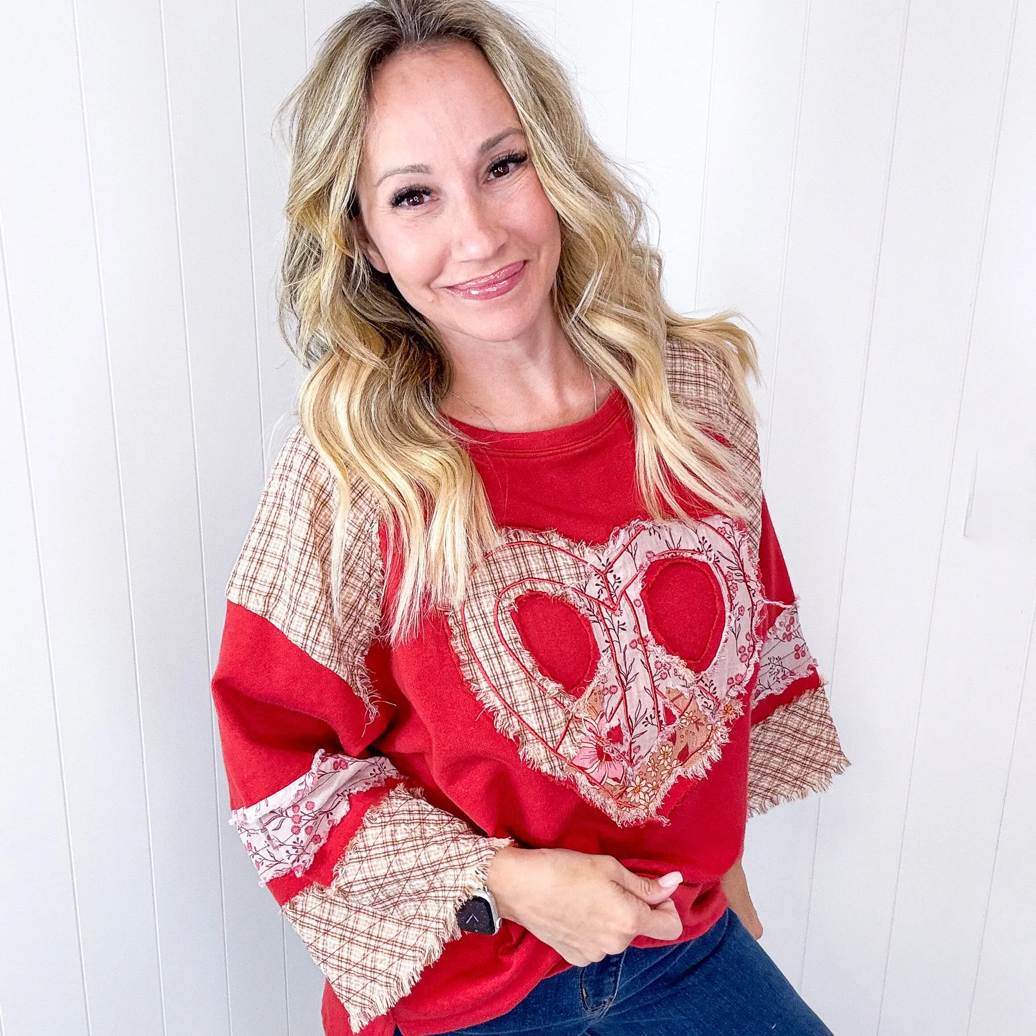 Mixed Emotions Heart Patch Terry and Knit Plaid Quarter Sleeve Pullover in 3 Options sold by Boujee Boutique product image thumbnail 3