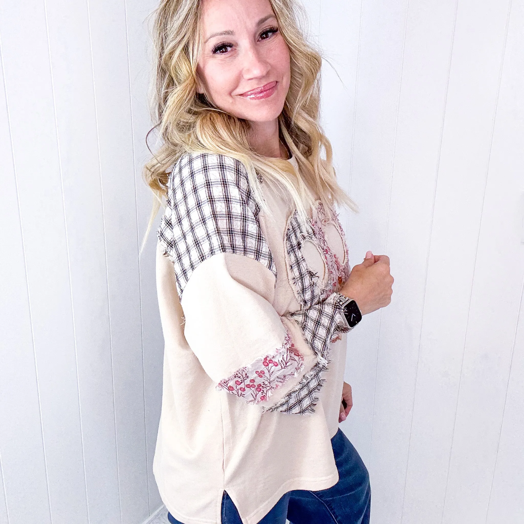 Mixed Emotions Heart Patch Terry and Knit Plaid Quarter Sleeve Pullover in 3 Options sold by Boujee Boutique product image thumbnail 4