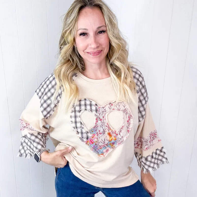 Mixed Emotions Heart Patch Terry and Knit Plaid Quarter Sleeve Pullover in 3 Options sold by Boujee Boutique