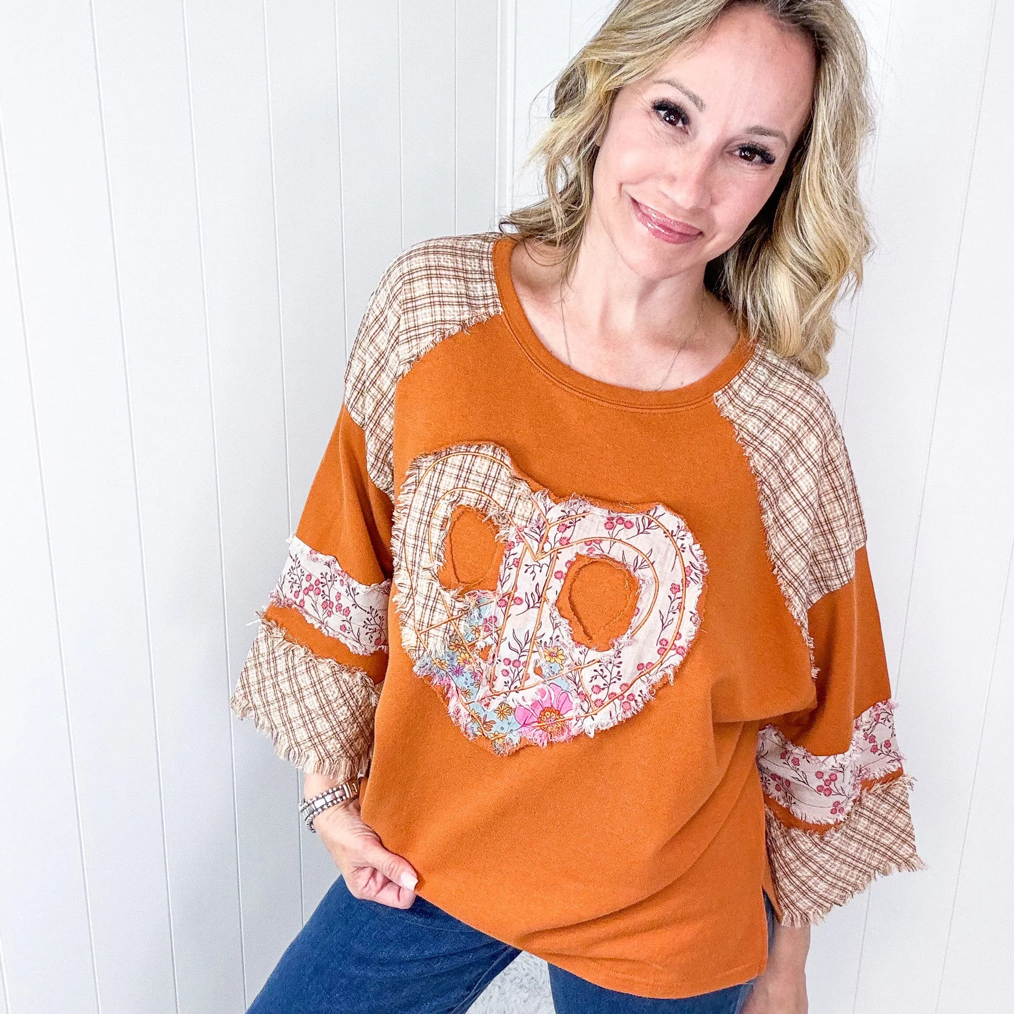 Mixed Emotions Heart Patch Terry and Knit Plaid Quarter Sleeve Pullover in 3 Options sold by Boujee Boutique product image thumbnail 2