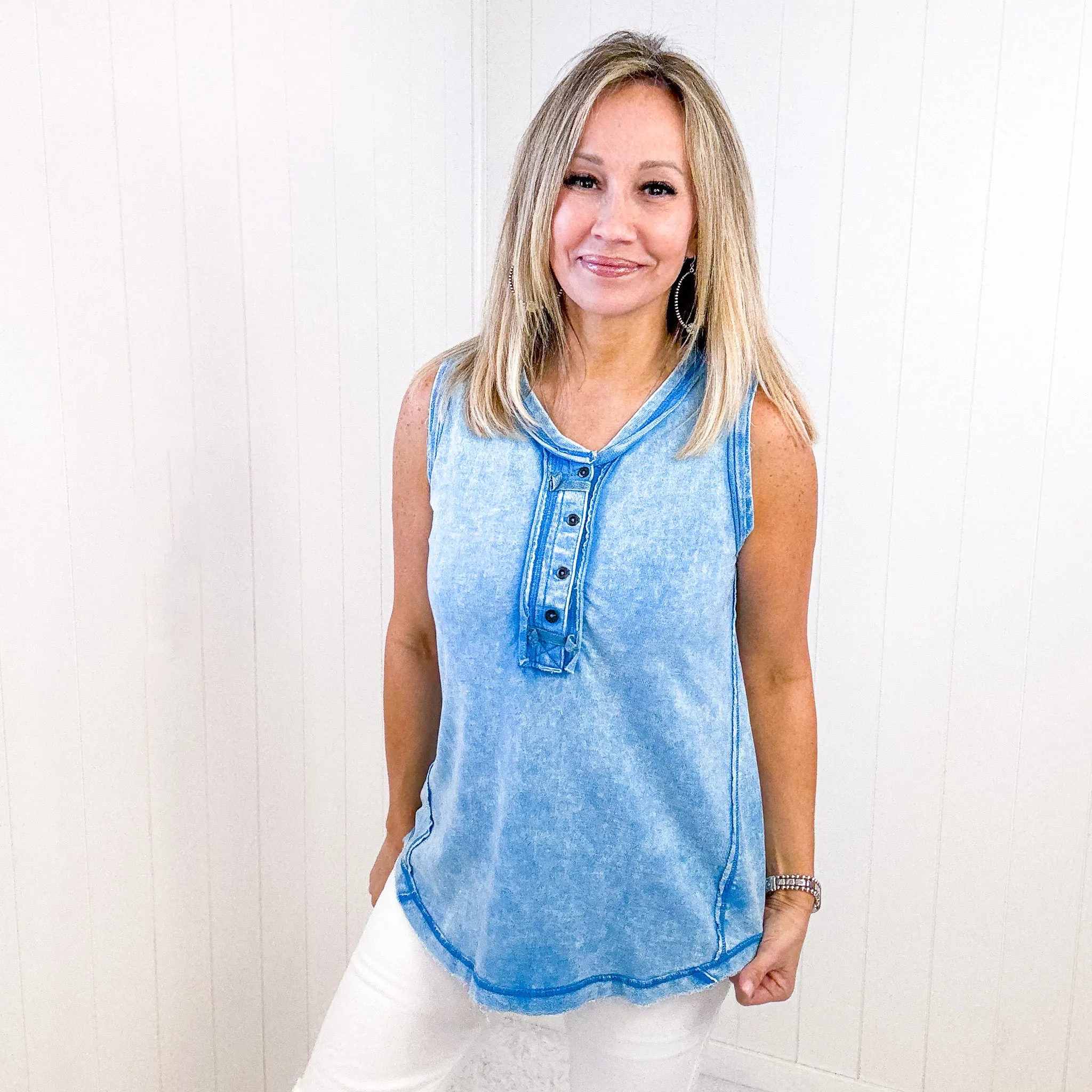 Summer Washed Button Raw Hem Sleeveless Henley Top in 9 Colors sold by Boujee Boutique product image thumbnail 5