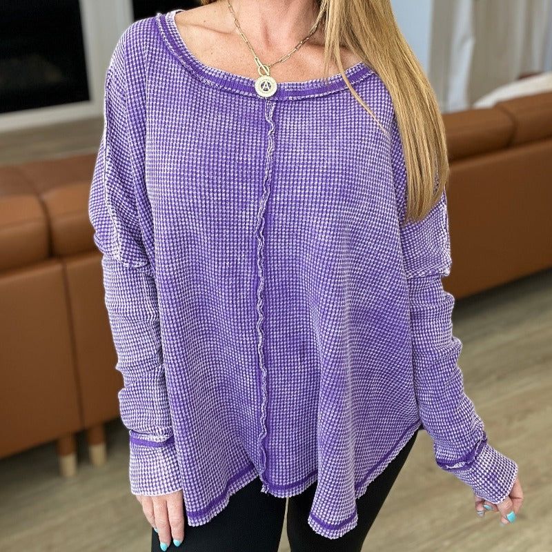 Mineral Wash Baby Waffle Long Sleeve Top in Violet sold by Boujee Boutique