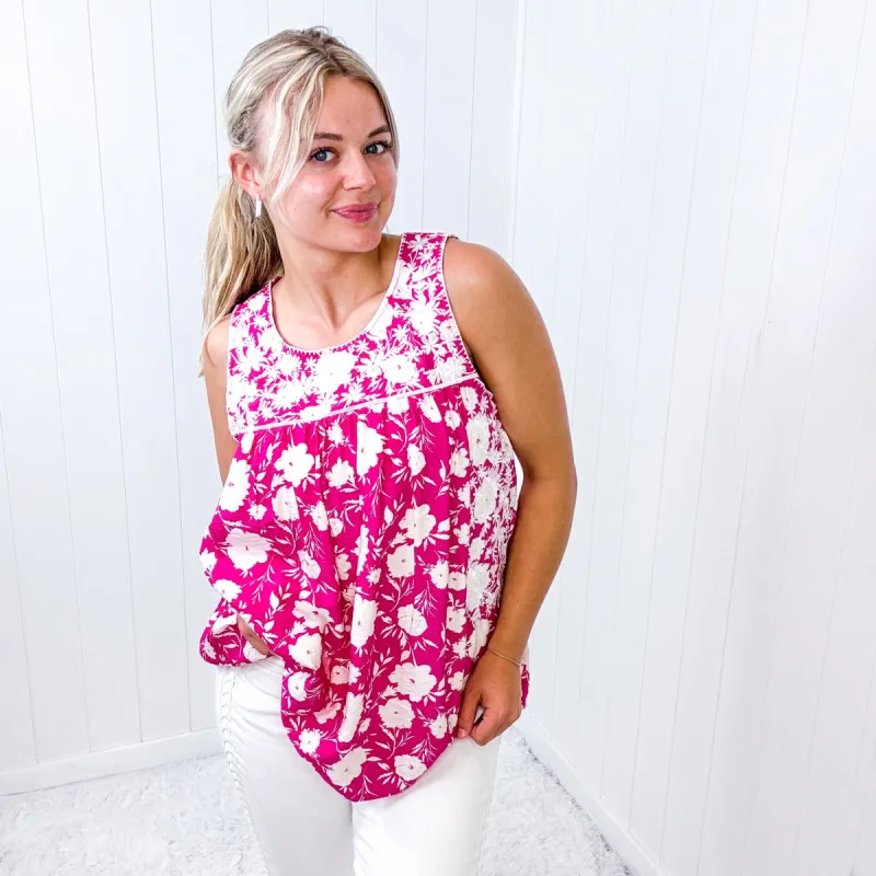 Savanna Jane White Embroidery Pink Floral Sleeveless Blouse sold by Boujee Boutique