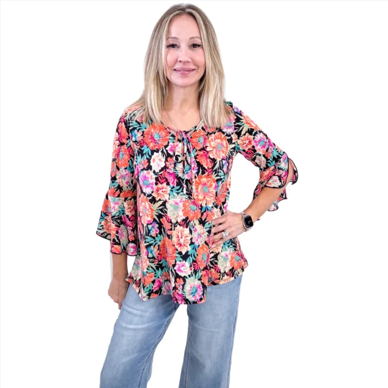 Dear Scarlett Willow Bell Sleeve Top in Black and Persimmon Floral sold by Boujee Boutique