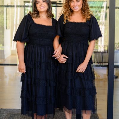 Swiss Dot Midnight Black Waltz Midi Dress sold by Boujee Boutique