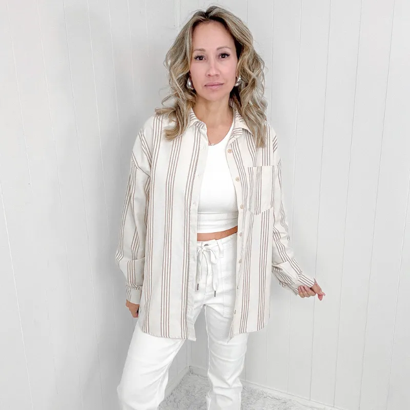 Oversized Beige Striped Button Down Long Sleeve Shirt *Final Sale* sold by Boujee Boutique product image thumbnail 2