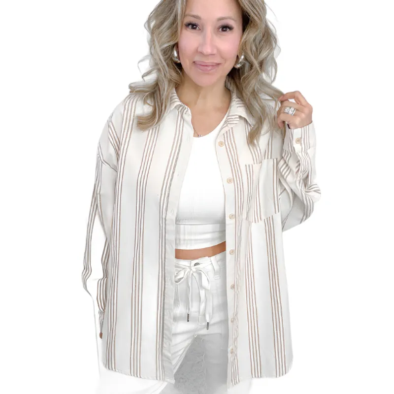 Oversized Beige Striped Button Down Long Sleeve Shirt *Final Sale* sold by Boujee Boutique