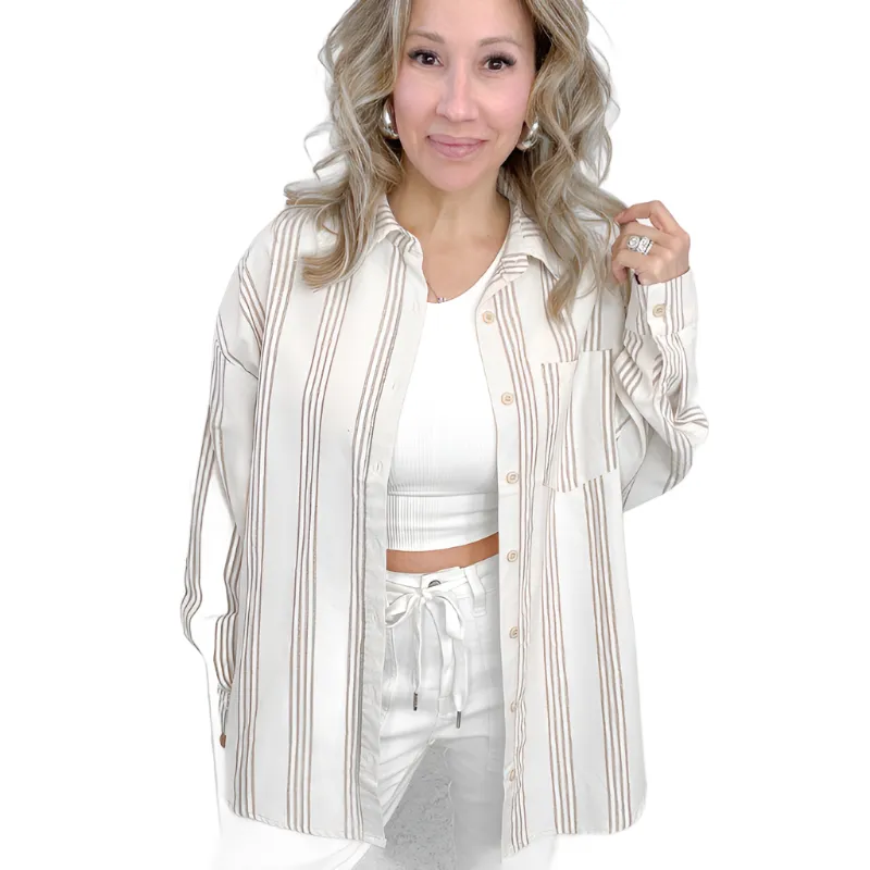Oversized Beige Striped Button Down Long Sleeve Shirt *Final Sale* sold by Boujee Boutique