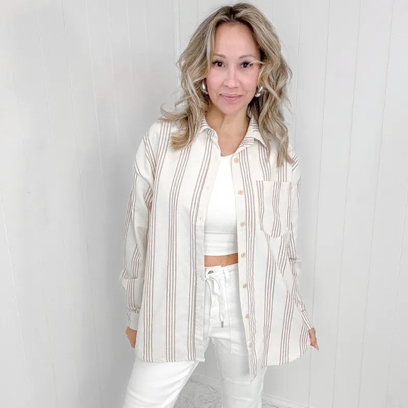 Oversized Beige Striped Button Down Long Sleeve Shirt *Final Sale* sold by Boujee Boutique product image thumbnail 5