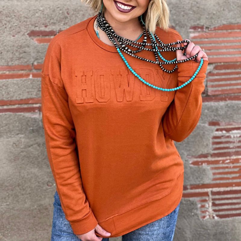 Rust Howdy Embossed Sweatshirt Pullover sold by Boujee Boutique