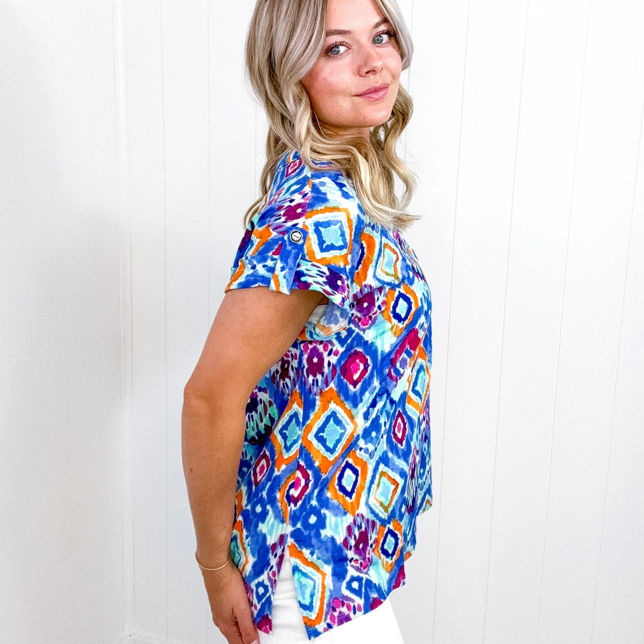 Dear Scarlett Lizzy Cap Sleeve Top in Blue and Magenta Ikat sold by Boujee Boutique product image thumbnail 5