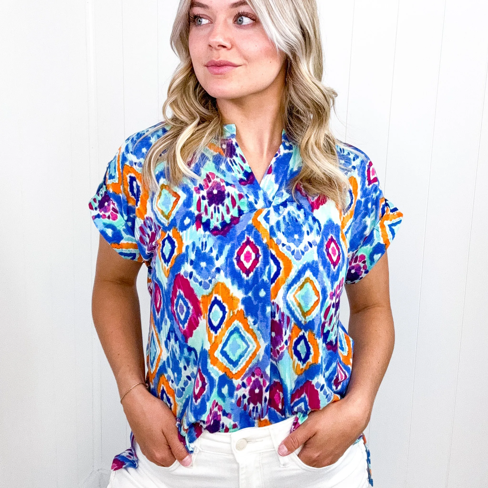 Dear Scarlett Lizzy Cap Sleeve Top in Blue and Magenta Ikat sold by Boujee Boutique product image thumbnail 3